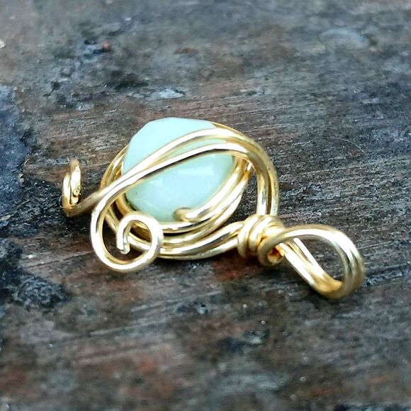 Faceted Amazonite Crystal Beaded Charm Pendant, Wire Wrapped, Gold, 8mm - Picture 2 of 3